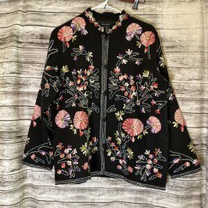 VTG Boston Proper Black Floral Embroidered Jacket Womens Size M Cottagecore Boho